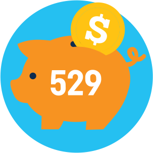 A simple icon of an orange piggy bank with a gold coin with a dollar sign on it, with the number 529 written in the center of the pig