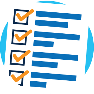 A checklist icon with orange checkmarks next to blue lines, resembling a written document.