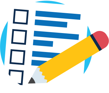 An icon depicting a checklist with a yellow pencil graphic, indicating an exam is being taken.