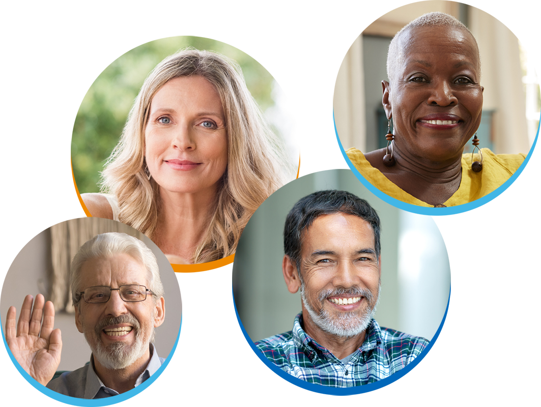 An image of four individuals - A woman with long hair and blue eyes giving a soft smile, another woman with short hair smiling with teeth, a man with white hair, glasses and a big smile, and another man with dark hair and a white beard smiling with teeth.