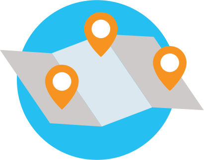 An icon of a roadmap with orange symbols representing different stops or points along the journey.