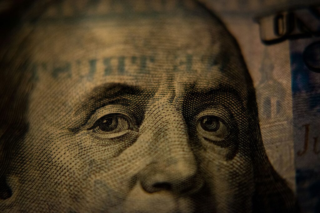 Close-up of Benjamin Franklins eyes on the U.S.